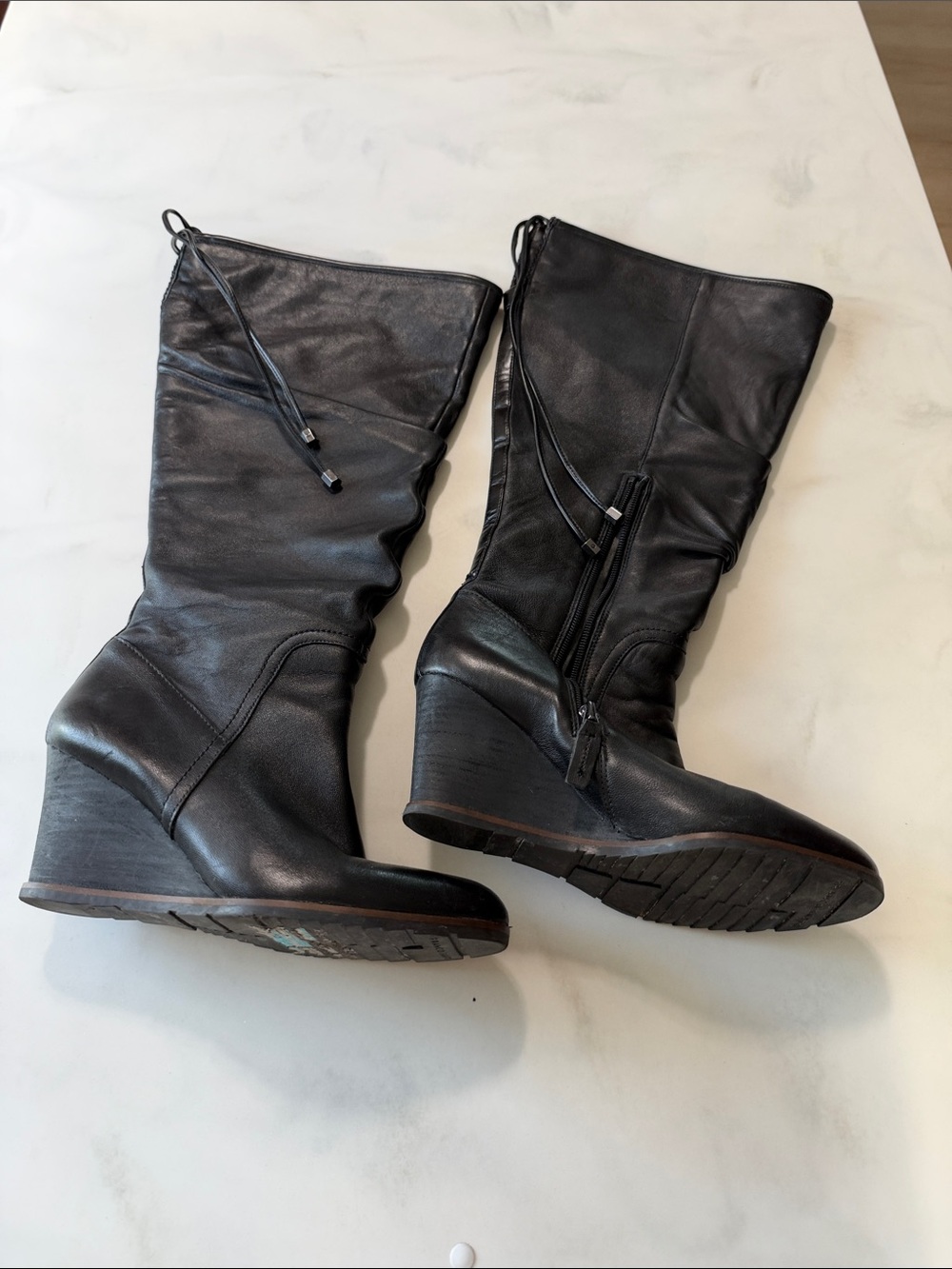 Women's Black Leather Knee-High Wedge Boots - Picture 6 of 15